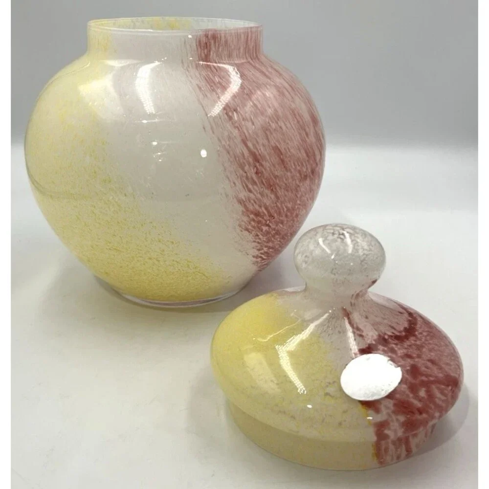 Crystal Clear Apothecary Jar Italy Art Glass Pink Yellow White Swirl 10